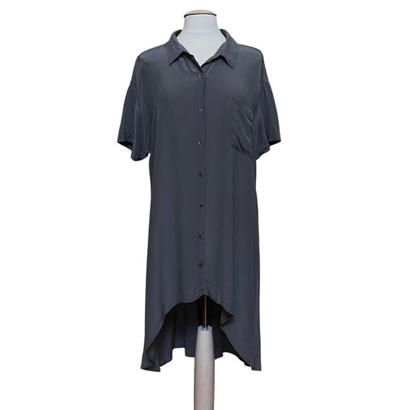 Eileen Fisher Gray Crepe High Low Button Up Dress Tunic 100% Silk Quiet Luxury L - Picture 2 of 9